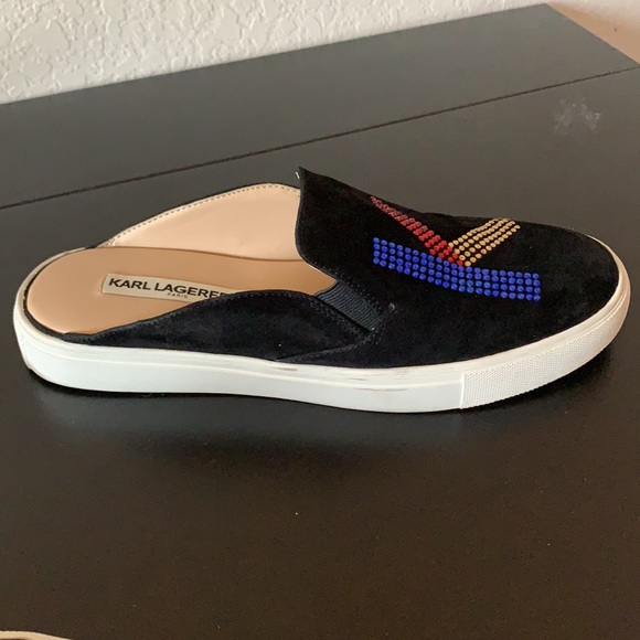 Karl Lagerfeld black suede embellished slip ons - Picture 5 of 11
